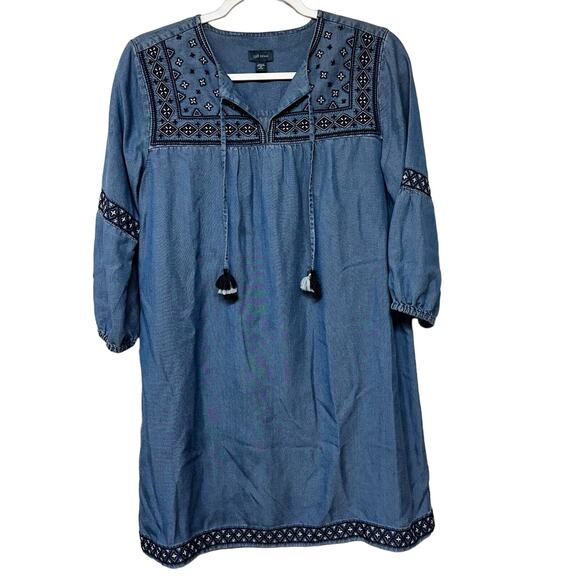 J. Jill Denim Tencel Indigo Embroidered Chambray 3/4 Sleeve Dress Size XS - Picture 1 of 9